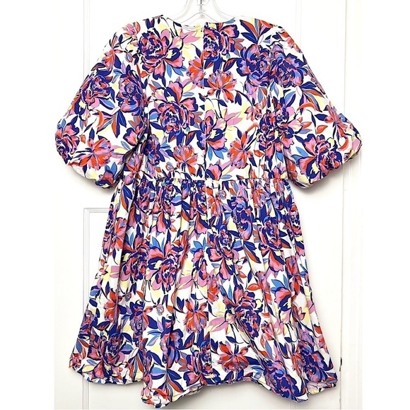 PETER SOM Floral Print Cotton Puff Short Sleeve Crew Neck Babydoll Mini Dress 12 - Picture 5 of 9